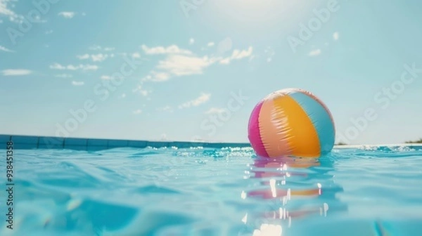 Fototapeta A colorful beach ball floats in a calm blue pool with a bright blue sky above.
