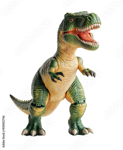 Obraz A green and yellow toy dinosaur with an open mouth. It is a tyrannosaurus rex on a white background.
