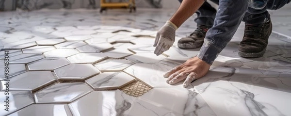 Fototapeta Worker installing large white hexagonal kitchen tiles.