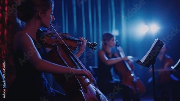 Fototapeta A woman is playing the violin while a man plays the cello.