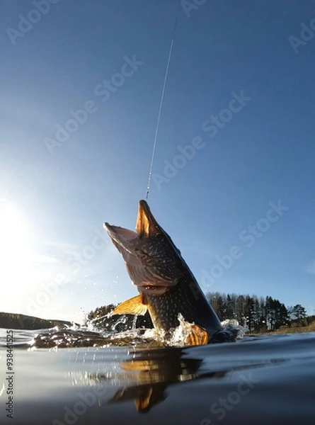 Fototapeta Hooked northern pike caught by a sportsfisherman fighting and jumping out of the lake and splashing water around on a sunny May day at a lake in Finland.
