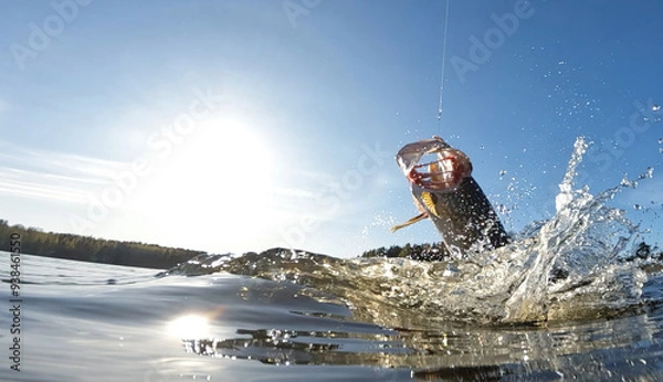 Fototapeta Hooked northern pike caught by a sportsfisherman fighting and jumping out of the lake and splashing water around on a sunny May day at a lake in Finland.