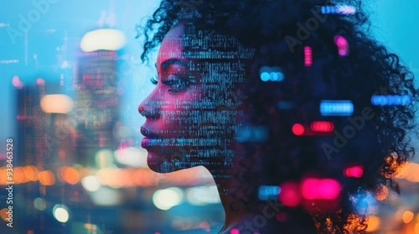 Obraz Female specialist surrounded by floating code in cyber defense illustration