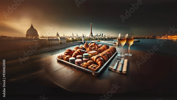 Fototapeta Indulge in a gourmet selection of French pastries like croissants and macarons, set against the stunning backdrop of the Eiffel Tower. A true celebration of Parisian elegance and culinary art 