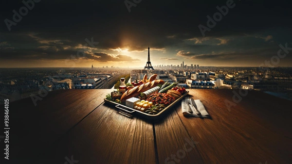 Fototapeta Indulge in a gourmet French spread featuring baguettes, cheese, and macarons, set against the stunning backdrop of the Eiffel Tower at sunset. A true celebration of Parisian elegance and French cuisin