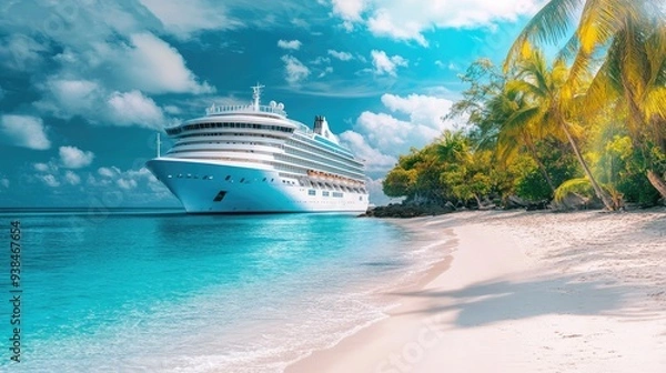 Fototapeta Cruise ship docked at a tropical island, with palm trees and white sand beaches in the background, offering a perfect vacation escape