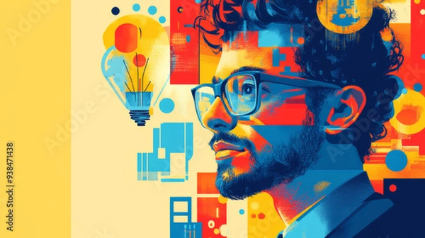 Fototapeta A man with glasses and a light bulb in his head