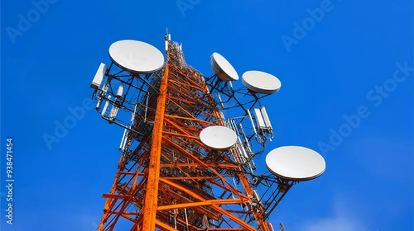 Fototapeta A tall antenna tower reaching the sky, transmitting radio signals for mobile communication