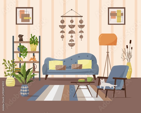 Obraz Living room interior with a sofa and a bookcase. A cozy armchair with a cat. A coffee table with a cup and cookies. Potted plants, figurines and vases. An orange floor lamp and a decorative piece on