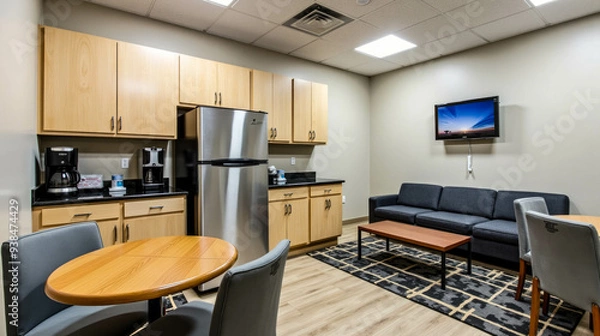 Obraz A contemporary kitchen and lounge area featuring wooden cabinets, a coffee station, and comfortable seating, designed for relaxation and social interaction