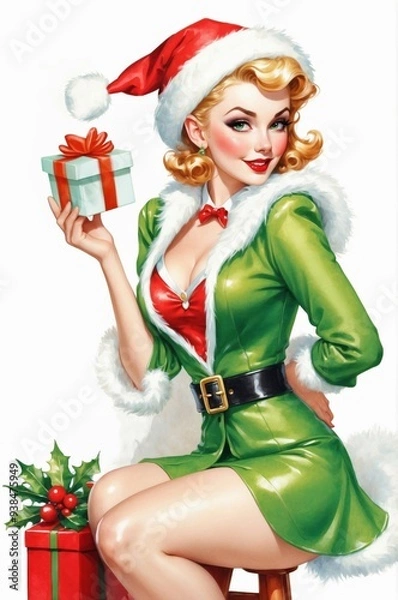 Obraz 1950s-Style Retro Christmas Pin-Up: Blonde Model in Santa Hat and Green Jacket with Red Top Holding a Gift, Fun Holiday Greeting Card Illustration on White Background