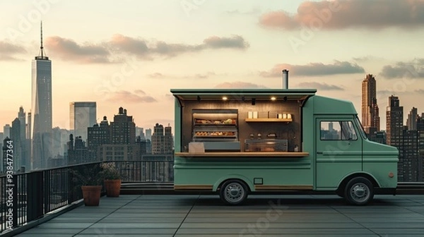 Fototapeta A blank food truck template on a rooftop with a cityscape background, perfect for adding branding elements.