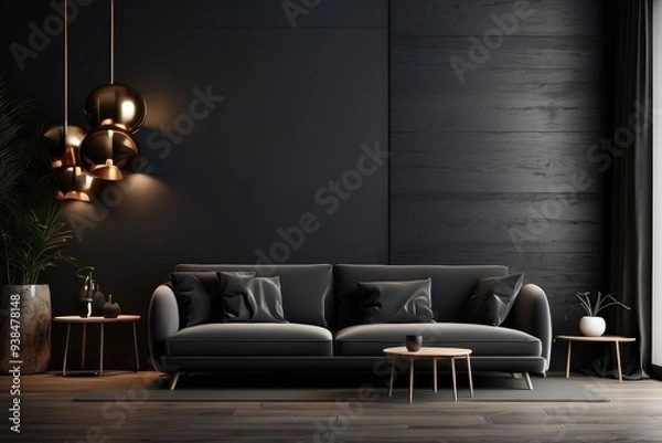 Fototapeta Modern dark home interior background, wall mock up, 3d render