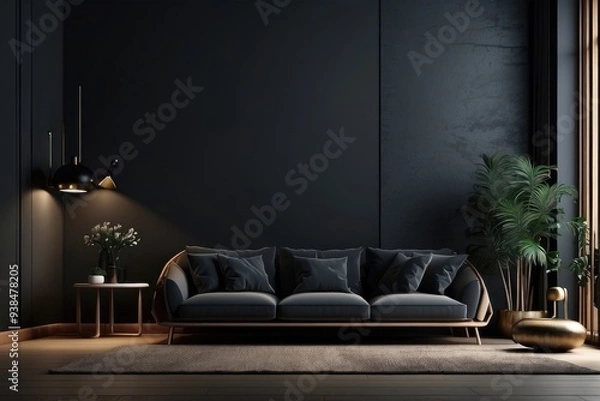 Fototapeta Modern dark home interior background, wall mock up, 3d render
