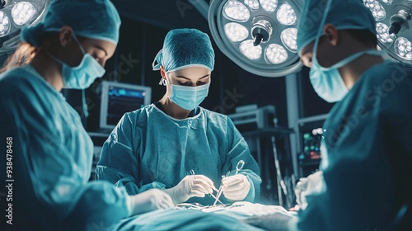 Fototapeta Medical Team Performing Surgical Operation in Modern Operating Room. Medical professionals working together in a hospital setting, including a doctor, nurse, and patient.