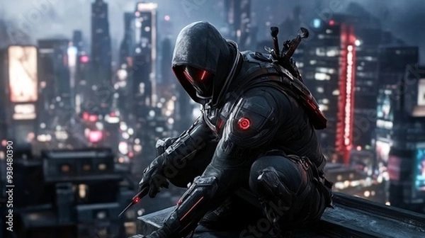 Obraz The assassin's figure crouches on the roof of a building, overlooking the bustling cyberpunk city at night.