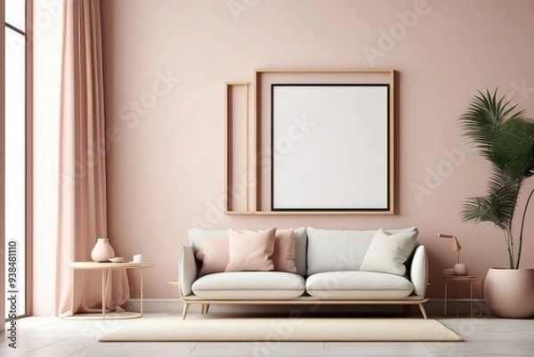 Fototapeta Mockup poster frame in minimalist modern interior background, 3d render