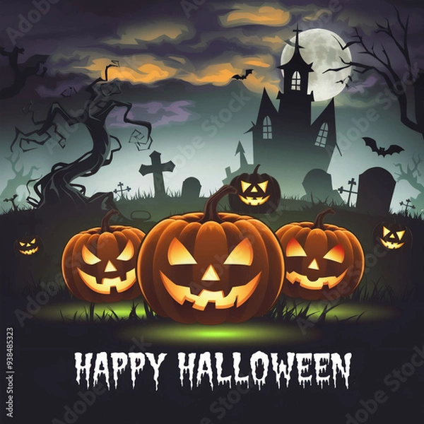 Fototapeta Haunted Graveyard with Glowing Jack-O'-Lanterns and Happy Halloween Message