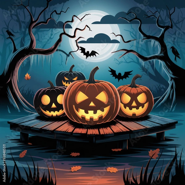 Fototapeta Spooky Jack-O'-Lanterns on a Haunted Dock in a Forest Under the Full Moon