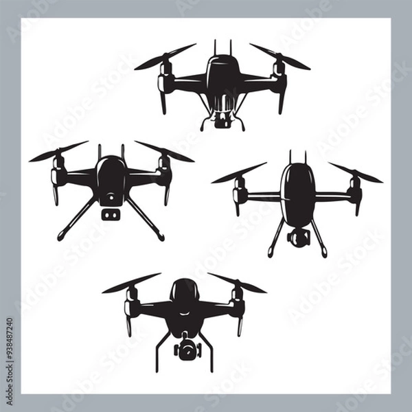 Fototapeta Drone quadcopter with camera black symbol, Black silhouette of military drone. Top, front and side view. Army aircraft for intelligence and attack, silhouette of a drone flying