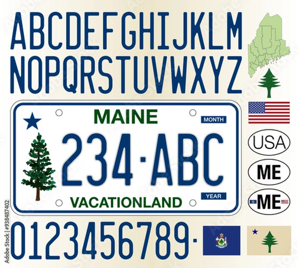 Fototapeta Maine new style car license plate pattern, letters, numbers and symbols, vector illustration, United States, USA