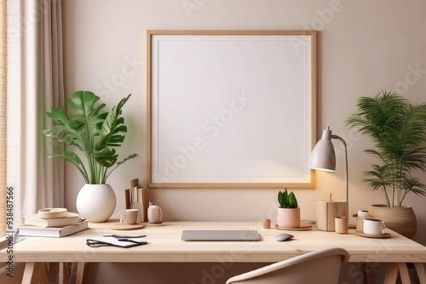 Fototapeta Cozy workplace interior at home with frame mockup, 3d render