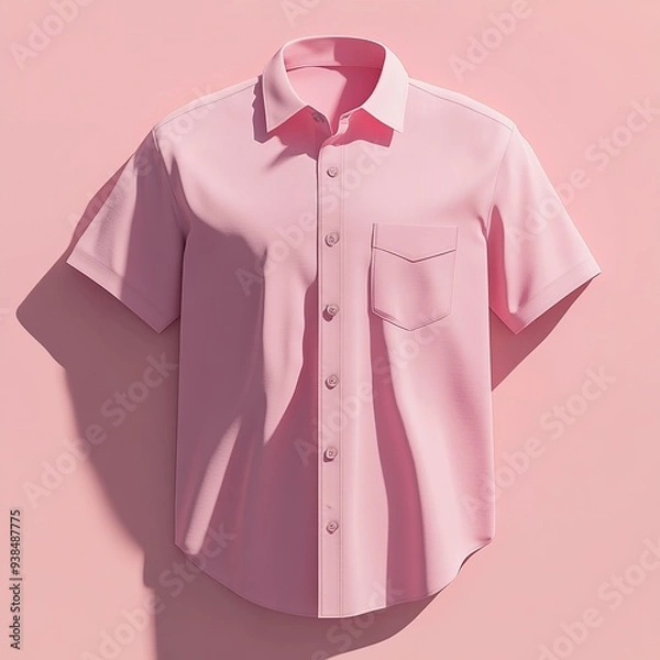 Fototapeta Pink short-sleeved button-down shirt with a pocket on a pink background.