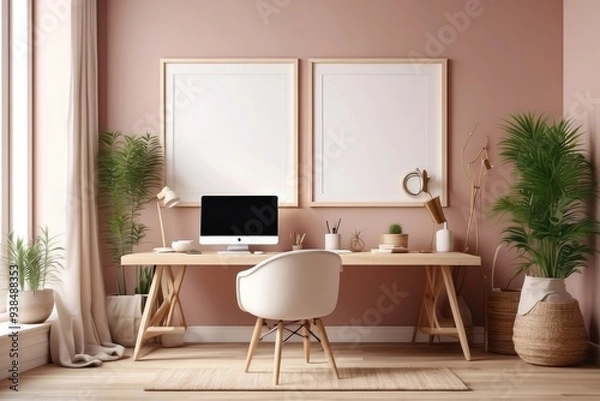 Fototapeta Cozy workplace interior at home with frame mockup, 3d render