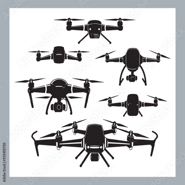 Fototapeta Drone quadcopter with camera black symbol, Black silhouette of military drone. Top, front and side view. Army aircraft for intelligence and attack, silhouette of a drone flying