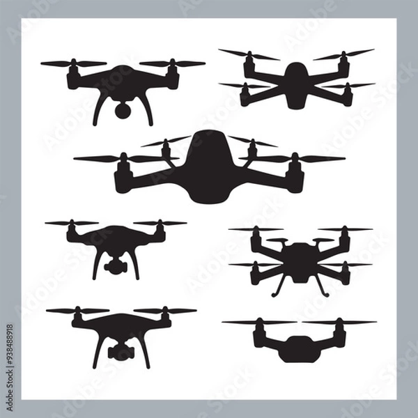 Fototapeta Drone quadcopter with camera black symbol, Black silhouette of military drone. Top, front and side view. Army aircraft for intelligence and attack, silhouette of a drone flying
