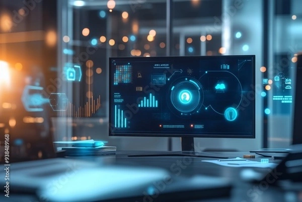 Fototapeta Modern Office with Computer Screen Displaying Data