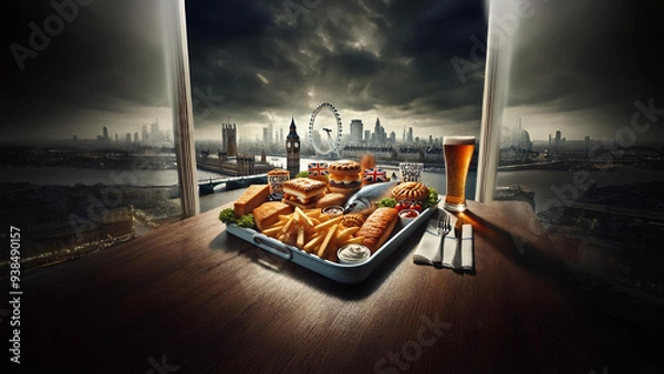 Fototapeta Indulge in traditional British cuisine with fish and chips, pies, and Victoria sponge cake, all set against the iconic London skyline featuring Big Ben and the London Eye. 