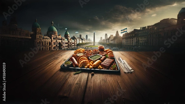Fototapeta Experience the authentic flavors of Argentina with a traditional asado, featuring grilled meats, sausages, and empanadas, set against the backdrop of Buenos Aires’ iconic Obelisk and cityscape 
