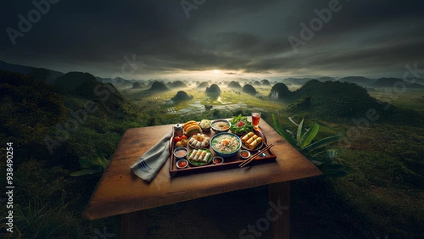 Fototapeta Experience the essence of Vietnamese cuisine with a delightful spread of pho, spring rolls, and more, set against the breathtaking backdrop of Vietnam’s iconic rice paddies and limestone mountains 