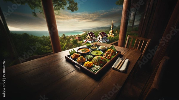 Fototapeta Indulge in a traditional Thai meal featuring curry, stir-fried dishes, and mango sticky rice, all set against the serene backdrop of Thailand’s coastal temples and lush landscape 