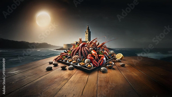 Fototapeta Indulge in a rich assortment of fresh seafood against the backdrop of the Tower of Hercules, capturing the essence of Galicia’s coastal culinary heritage under the moonlit sky 