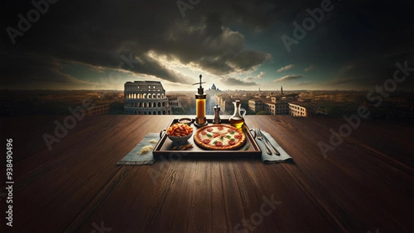 Fototapeta Savor authentic Italian pizza and pasta with a breathtaking view of the Colosseum, blending Rome’s culinary and historical splendor into an unforgettable dining experience 
