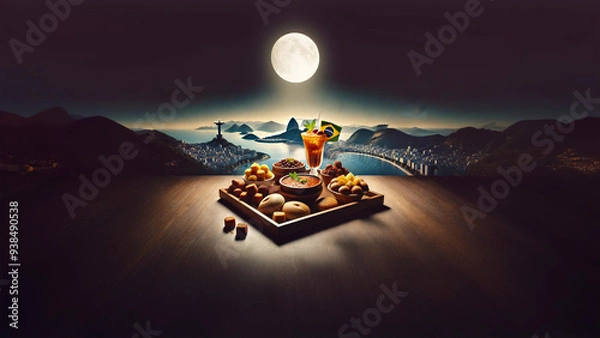 Fototapeta Indulge in a vibrant Brazilian feast featuring traditional dishes and a refreshing drink, all enjoyed under a full moon with a stunning view of Rio de Janeiro’s iconic skyline and Christ the Redeemer 