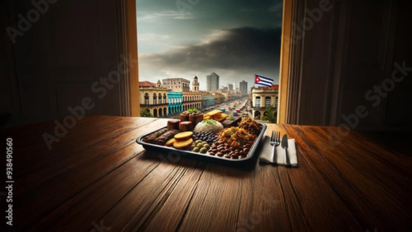 Fototapeta Enjoy an authentic Cuban meal with rice, beans, and plantains, all accompanied by an iconic view of the Malecón and the vibrant architecture of Havana, under the waving Cuban flag 