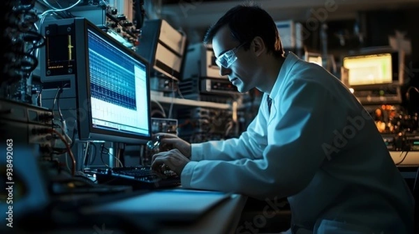 Fototapeta A radio frequency specialist analyzing signal data on a computer screen surrounded by technical equipment