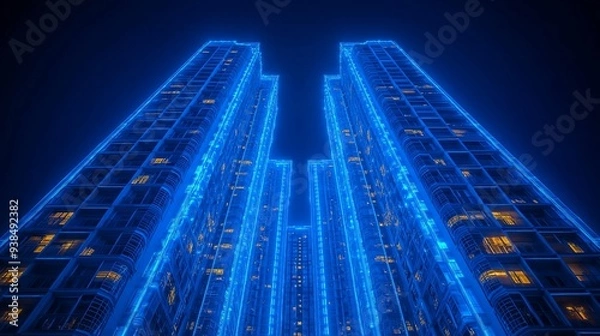 Fototapeta Graphic illustration of residential buildings with blue lines and laser contours. Digital building artwork with laser emission on building outlines.