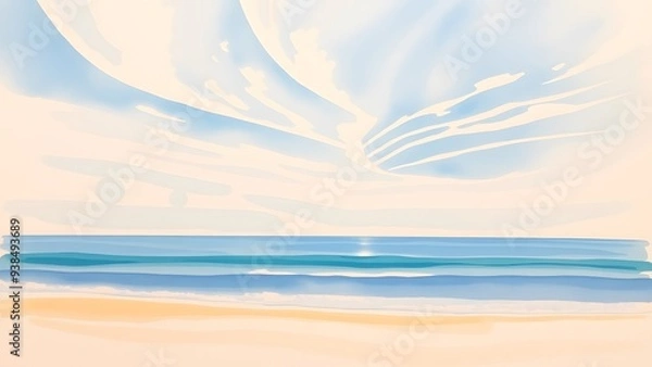 Obraz Dreamy Coastal Scene with Delicate Clouds and Gentle Waves - Watercolor Painting