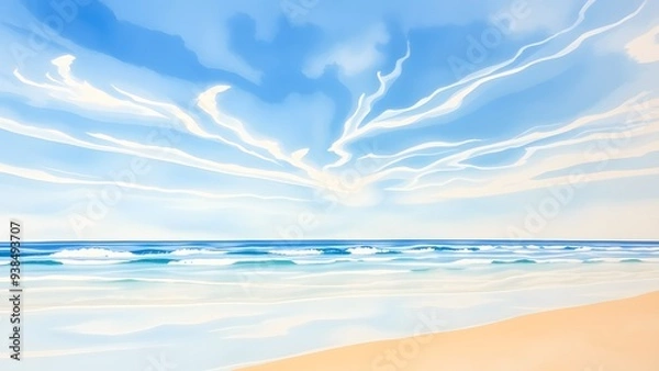 Obraz Dreamy Coastal Scene with Delicate Clouds and Gentle Waves - Watercolor Painting