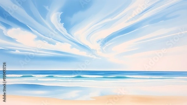 Obraz Dreamy Coastal Scene with Delicate Clouds and Gentle Waves - Watercolor Painting