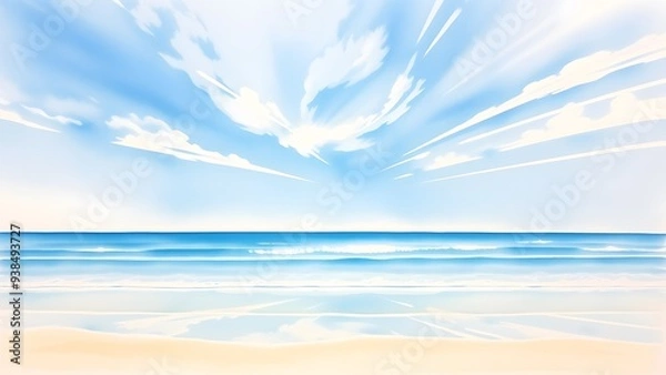Fototapeta Dreamy Coastal Scene with Delicate Clouds and Gentle Waves - Watercolor Painting