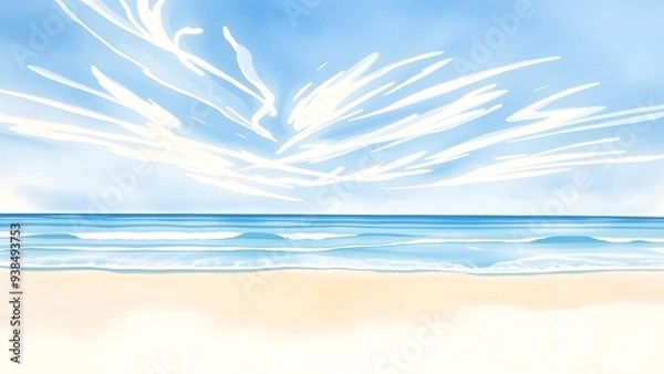 Obraz Dreamy Coastal Scene with Delicate Clouds and Gentle Waves - Watercolor Painting