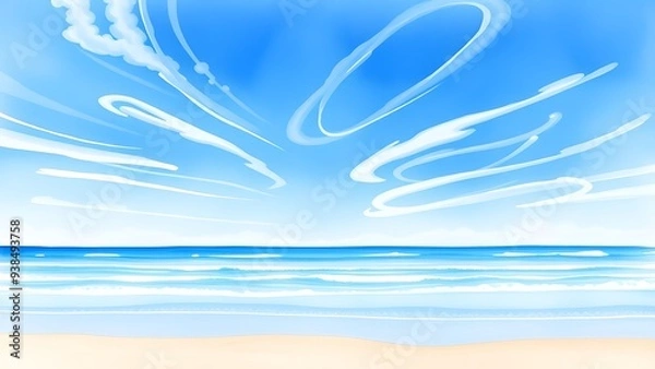 Obraz Dreamy Coastal Scene with Delicate Clouds and Gentle Waves - Watercolor Painting