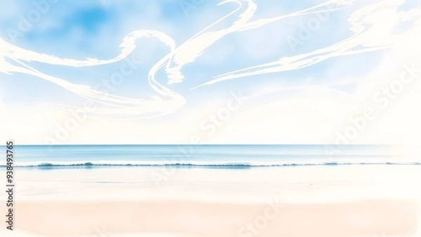 Obraz Dreamy Coastal Scene with Delicate Clouds and Gentle Waves - Watercolor Painting