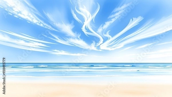 Obraz Dreamy Coastal Scene with Delicate Clouds and Gentle Waves - Watercolor Painting