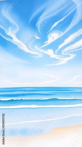 Obraz Dreamy Coastal Scene with Delicate Clouds and Gentle Waves - Watercolor Painting
